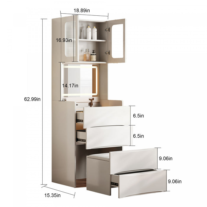 Emily 3-in-1 Vanity Table Set with LED Mirror and Storage,White Mirror Cabinet