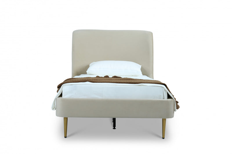 Heather Mid-Century Modern Velvet Upholstered Twin Bed in Cream and Gold