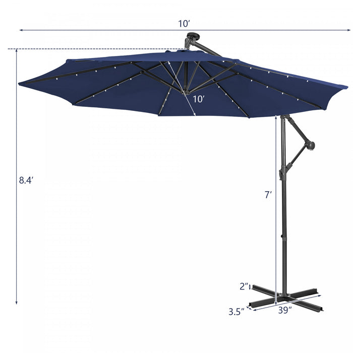 Costway 10FT Cantilever Solar Powered 32LED Lighted Patio Offset Umbrella Outdoor Navy