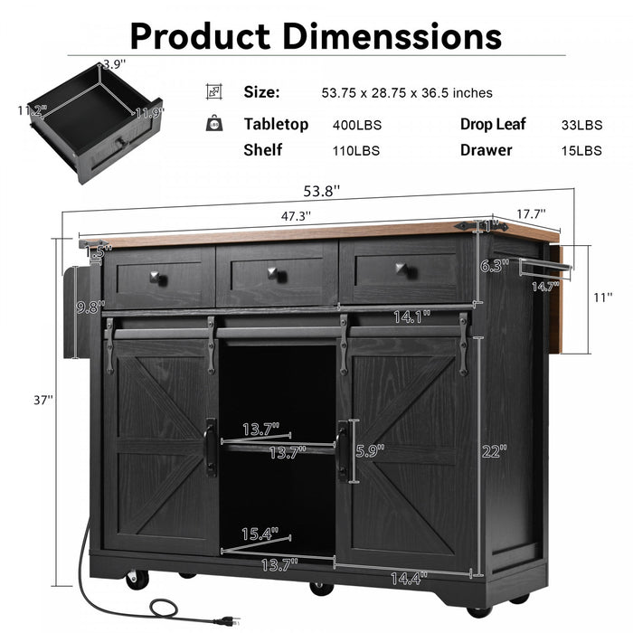Wilson 53.7\" Engineered Wood Kitchen Carts With Power Outlet And Storage - Black