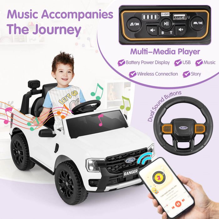 Costway 12v Licensed Ford Ranger Kids Ride On Car With Remote Control Storage Basket White