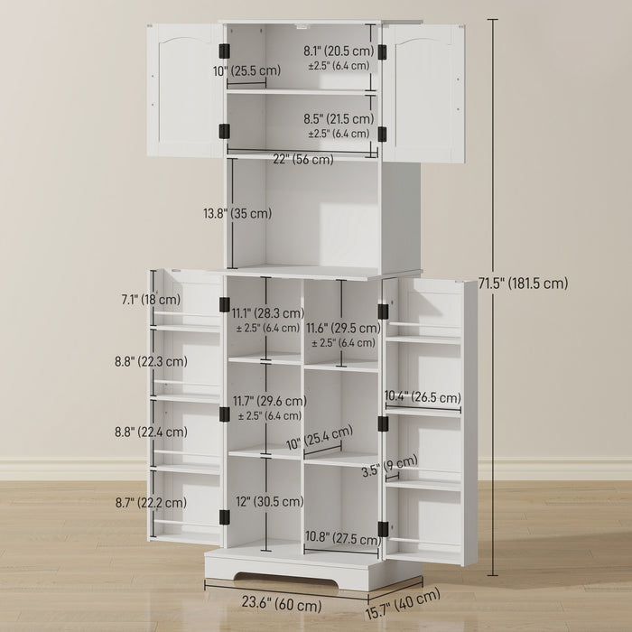 HOMCOM 71.5\" Tall Pantry Cabinet, Kitchen Cupboard with Spice Racks, White