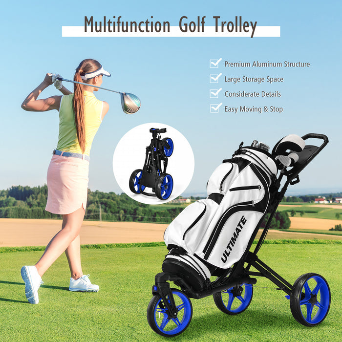 Goplus Folding Golf Push Cart W/scoreboard Adjustable Handle Swivel Wheel Blue