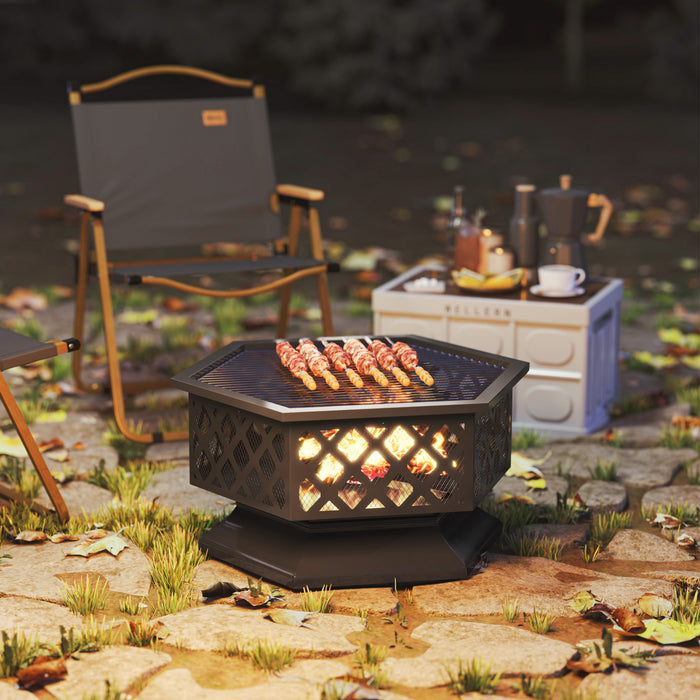 Outsunny 28\" Outdoor Fire Pit Grill Firepit with Spark Screen, Poker, Black