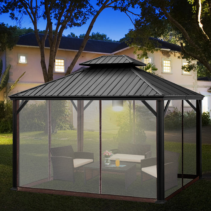 Costway 12ft X 10ft Hardtop Gazebo 2-tier Outdoor Galvanized Steel Canopy Brown