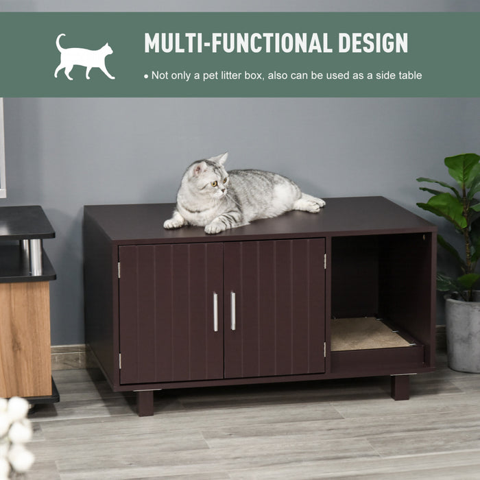Pawhut Wooden Cat Washroom Pet Litter Box Enclosure Kitten House Nightstand End Table With Scratcher Magnetic Doors Brown