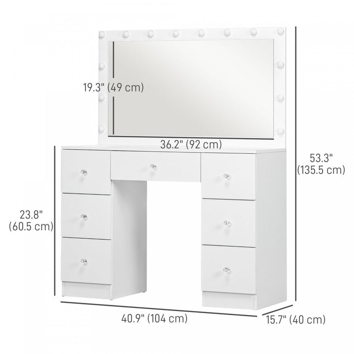 HOMCOM Makeup Vanity Desk with Lighted Mirror 7 Drawers 10 LED Lights White