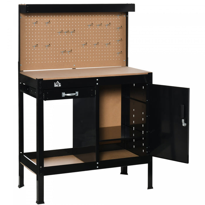 Homcom Garage Workbench With Storage Drawer, Peg Board, Lockable Cabinet