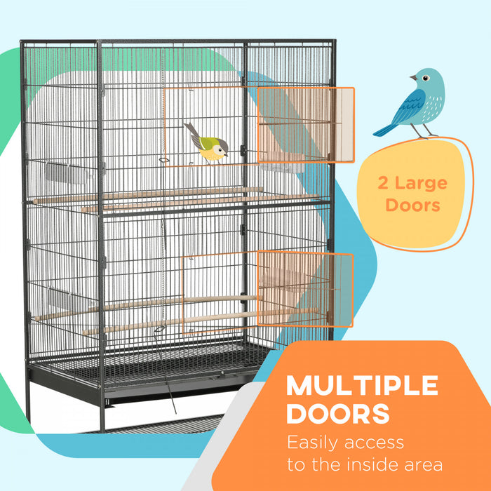 Pawhut 60\" Bird Cage With Stand For Cockatiels Canaries Lovebirds Finches, Budgie Cage With Wheels, Removable Tray, Storage Shelf