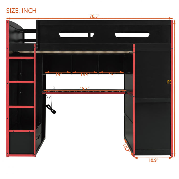 Jerry Wood Loft Bed with Desk and Storage,Full Size,Red Full Bed