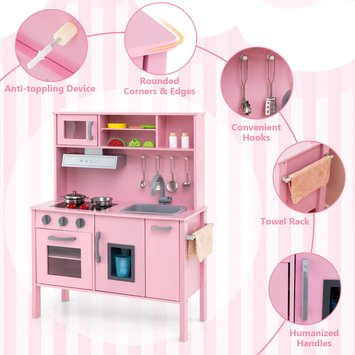 Costway Kids Kitchen Playset Wooden Pretend Play Chef Toy With Microwave & Accessories Pink