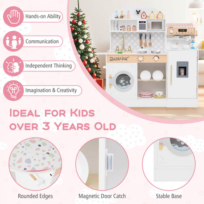 Honeyjoy Kids Kitchen Set Wooden Kitchen Playset With Clock, Microwave, Sink, Dish Rack White