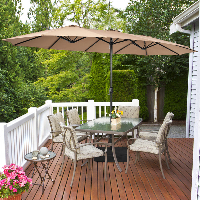 Costway 15FT Double-Sided Twin Patio Umbrella Outdoor Market with Crank & Base Brown