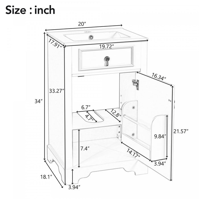 Mason 20 Inch Compact Modern Bathroom Vanity with Ceramic Sink, White