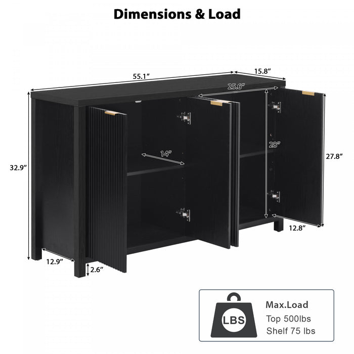 Ted 55\" Fluted Buffet Cabinet With Storage And Adjustable Shelves - Black