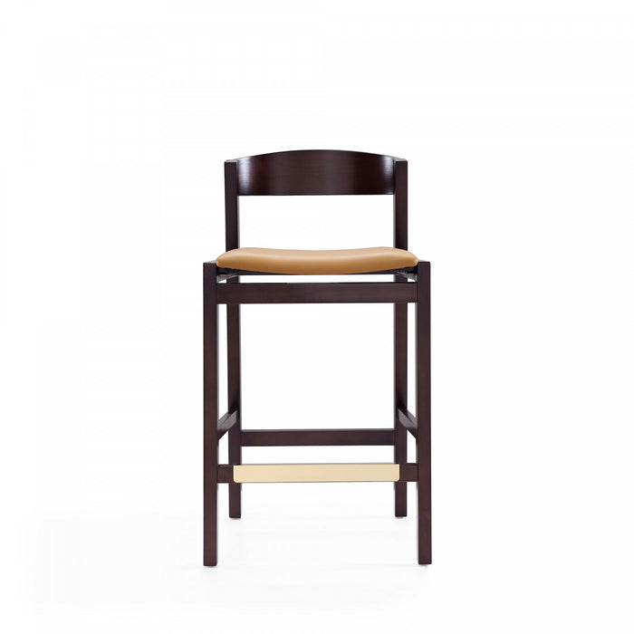 Klismos Mid-Century Modern Wood Upholstered Counter Stool in Camel - Set of 2