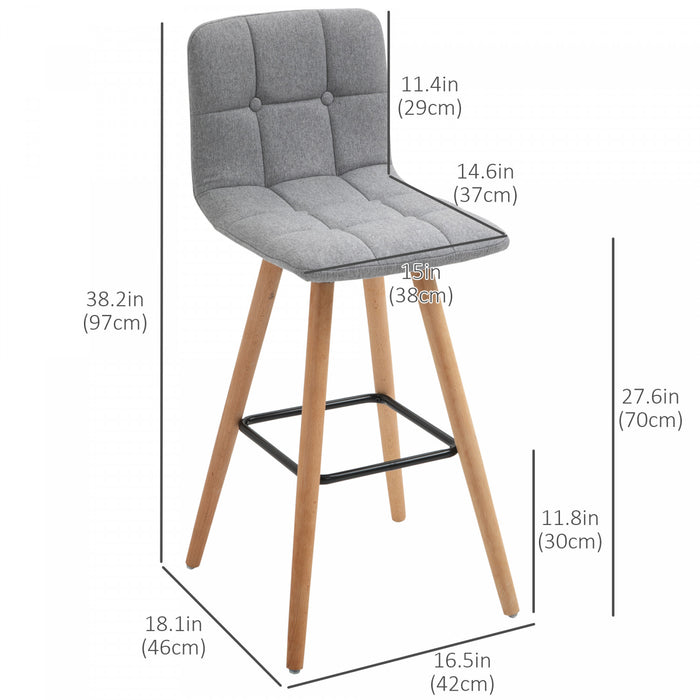 HOMCOM Bar Stool Set of 2 Upholstered Kitchen Stool w/ Wood Legs, Grey