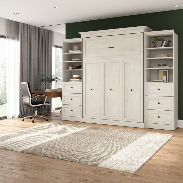 Bestar Versatile Queen Murphy Bed and Two Closet Organizers with Drawers (115 W) - Linen White Oak