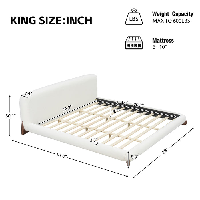 Harper Low Profile Boucle Upholstered Platform Bed Thick Curved Headboard,California King,Cream White King Bed