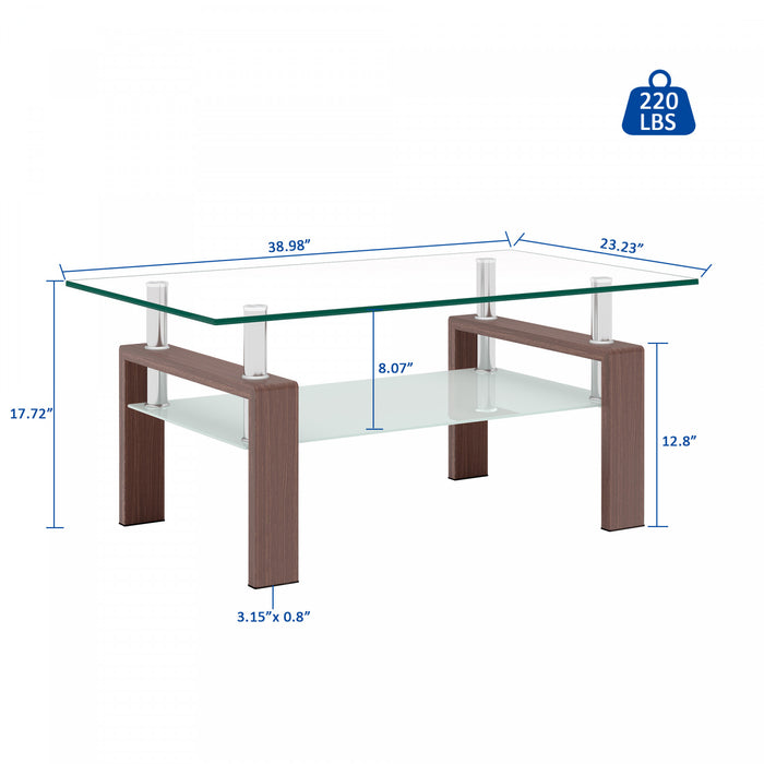 Liam Modern Rectangle Clear Tempered Glass Coffee Table,Walnut