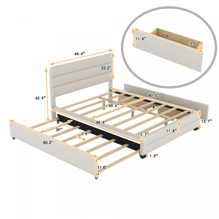 Sophie Linen-look Fabric Upholstered Platform Bed With Trundle And Storage Drawers, Queen Size, Beige