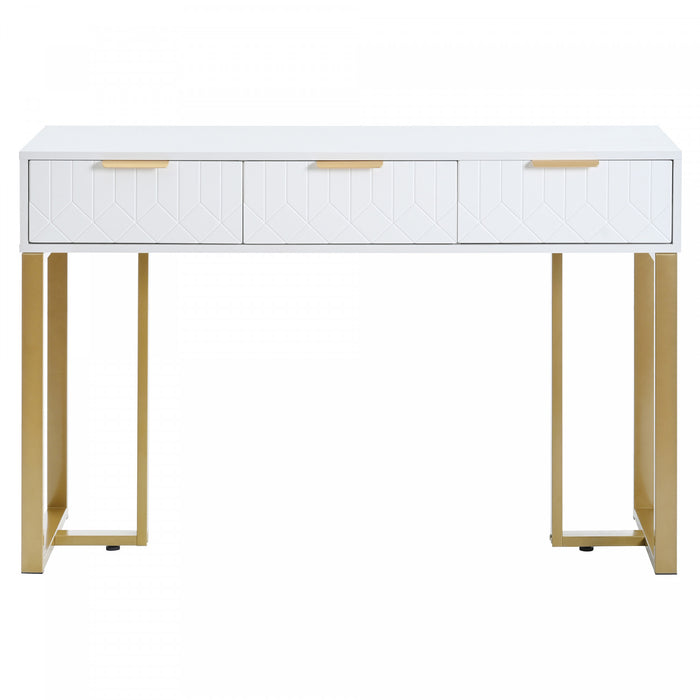 Horizon Modern Console Table with Geometric Drawers and Gold Frame, White/Gold