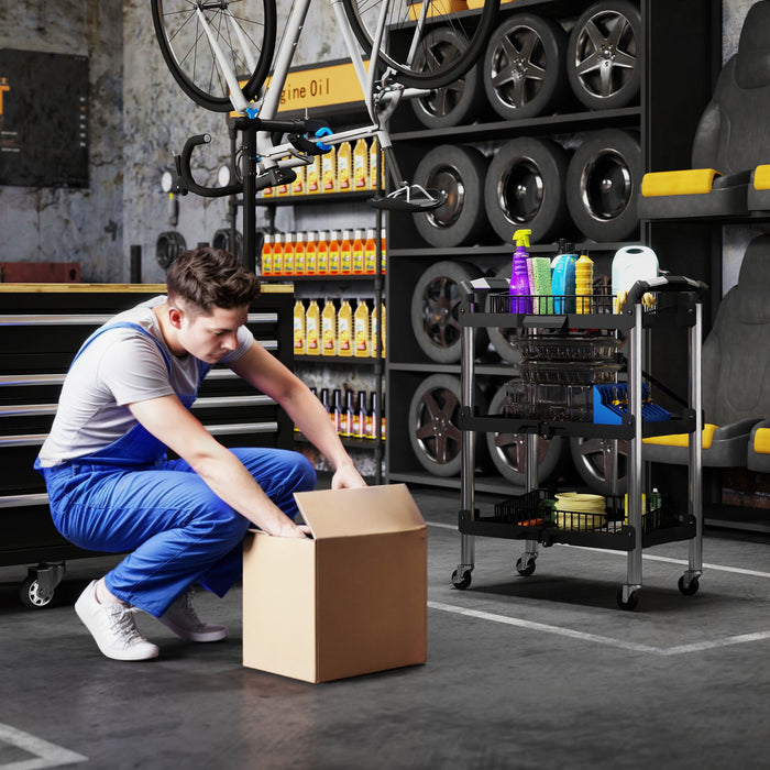 Homcom 3-tier Collapsible Tool Cart With Wheels, Folding Utility Cart Black