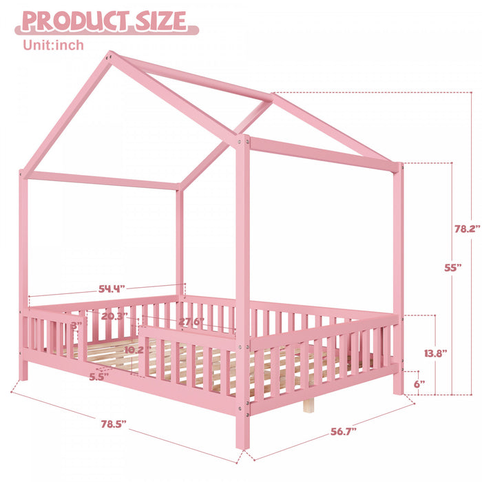 Paul Montessori Floor Bed with Canopy and High Railings,Full Size, Pink Full Bed