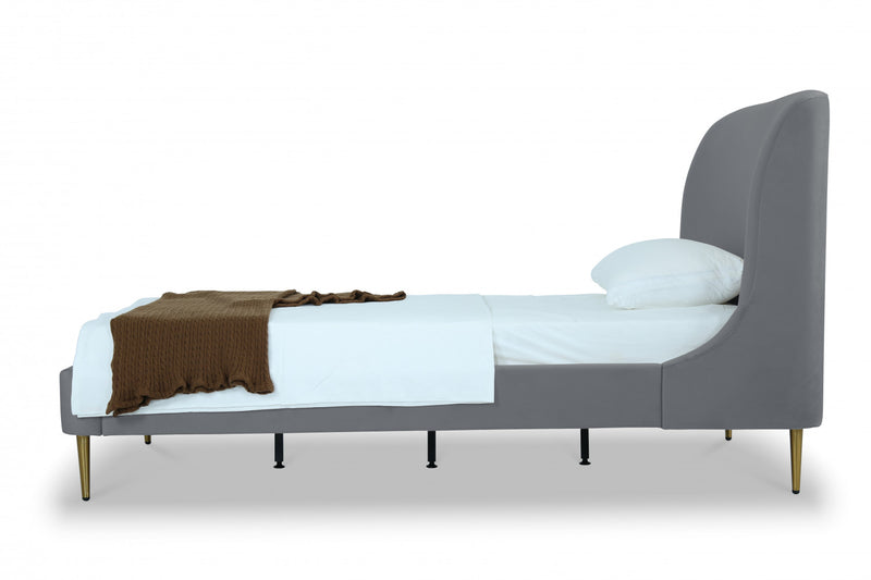 Heather Mid-Century Modern Velvet Upholstered Twin Bed in Gray and Gold