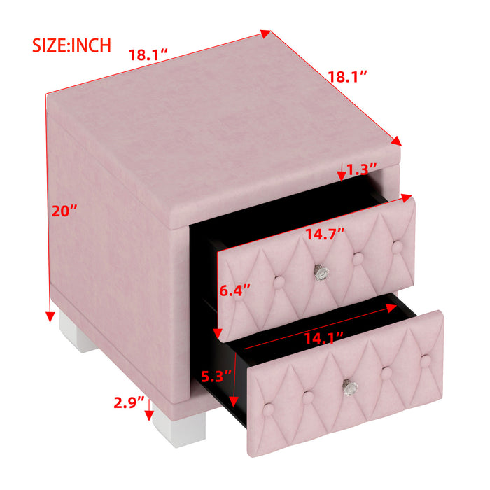 Sophia Elegant Velvet Nightstand with Drawers and Button-Tufted Design,Pink