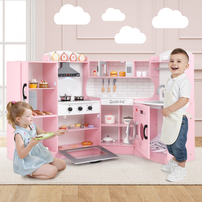 Honeyjou Corner Play Kitchen Toddler Kitchen Playset With Range Hood, Ice Maker, Microwave Pink