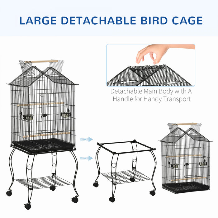 Pawhut Bird Cage 57 Inch Flight Cage For Cockatiel, Conure With Rolling Stand, Pull Out Tray, Storage Shelf, Open Top, 0.75\" Bar Spacing