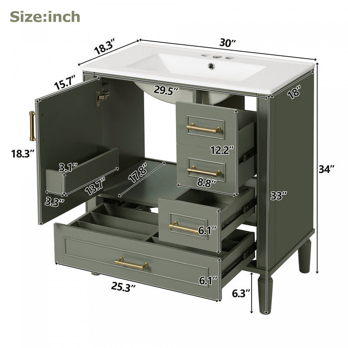 Emerson 30 Inch Bathroom Vanity with Ceramic Sink and Three Drawers, Olive Green