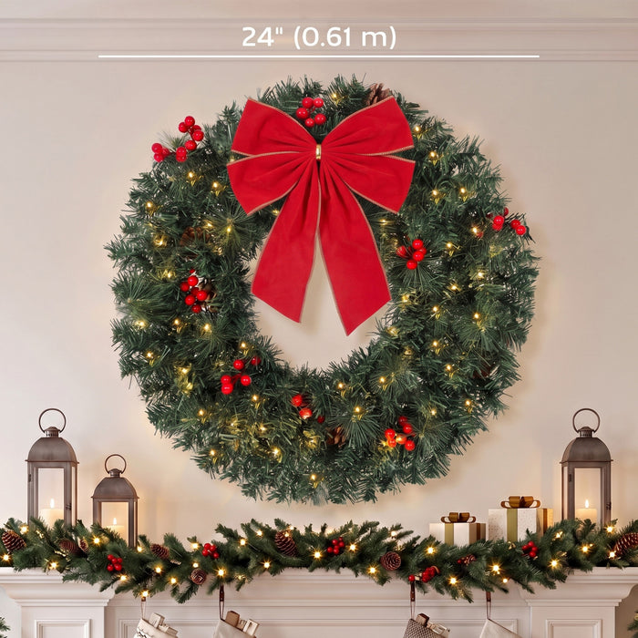 HOMCOM 24 in Pre-Lit Crestwood Spruce Artificial Christmas Wreath, Green