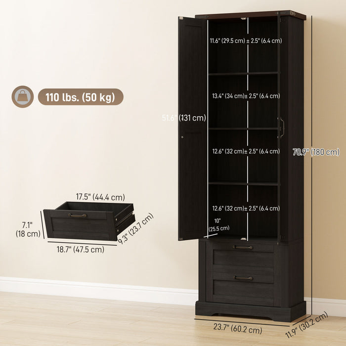 HOMCOM 71\" Kitchen Pantry Cabinet, Farmhouse Kitchen Storage Cabinet, Black