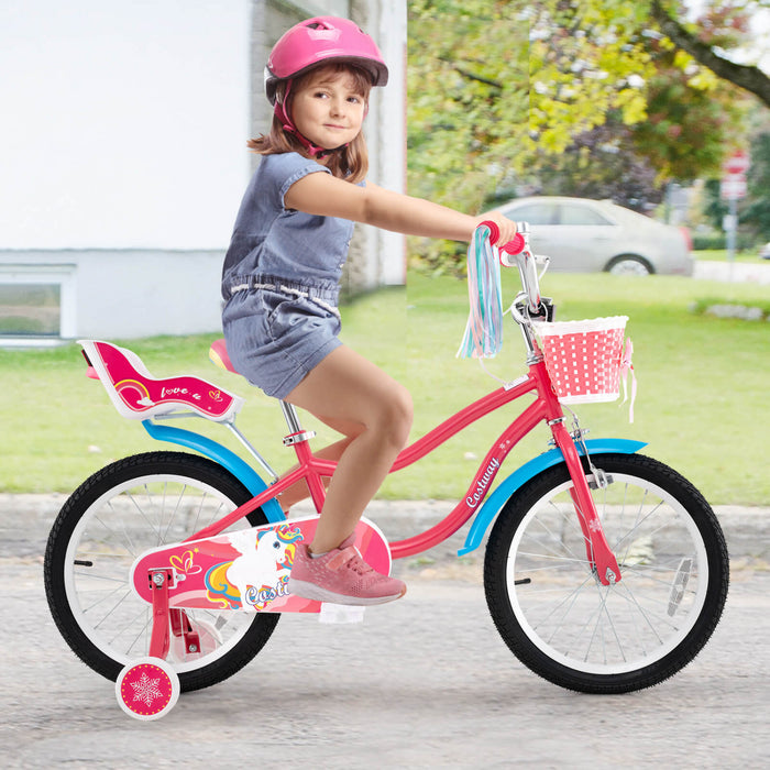 Costway 18\" Kids Bike For 4-8 Years Old With Basket Doll Seat & Colorful Streamers Kickstand Pink