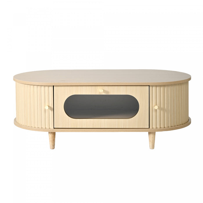 Grain 39.3 Inch Walnut Coffee Table with Roll-Up Door and Acrylic Drawer, Natural Walnut