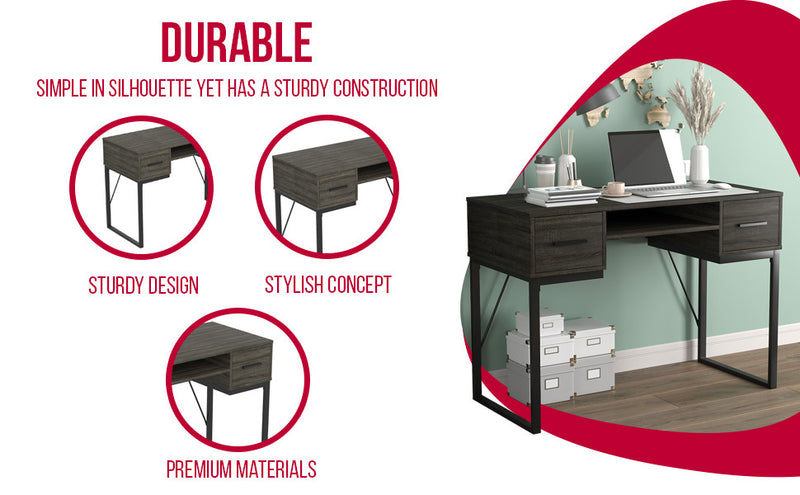Computer Desk Study Desk For Home Office, Gaming Room 42.5l Dark Grey 2 Drawers 1 Shelf Black Metal Base