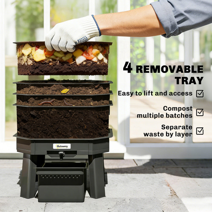 Outsunny 4-Tray Worm Composter Bin, 7.4Gal Outdoor Indoor Worm Composter, Farm Starter Kits for Vermicomposting Starter, Garden Composting Bin for Recycling Food Waste, Dark Green