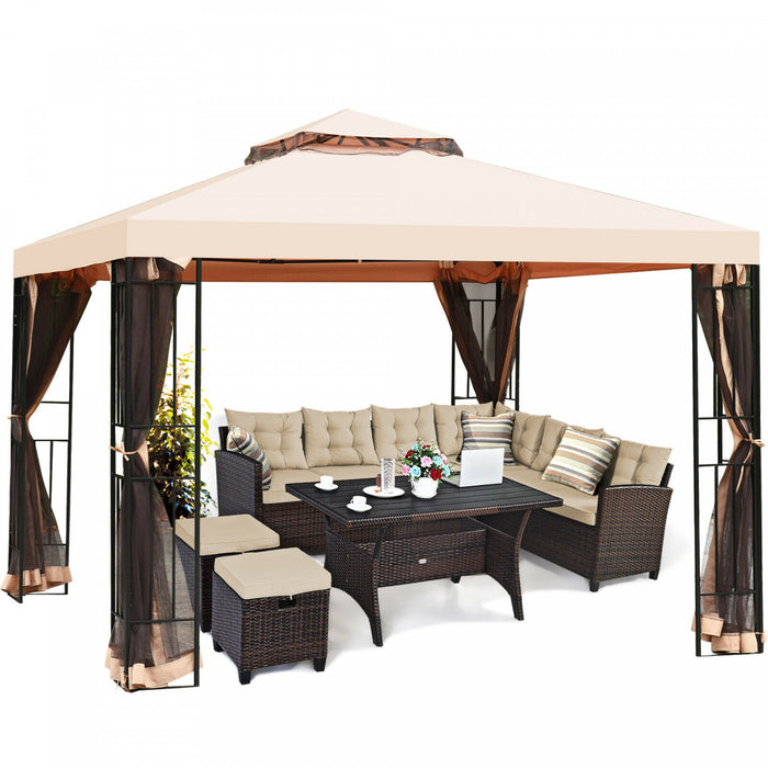 10x10ft Metal Gazebo W/ Mosquito Netting Canopy Gazebo 2 Tier Vented Gazebo Top