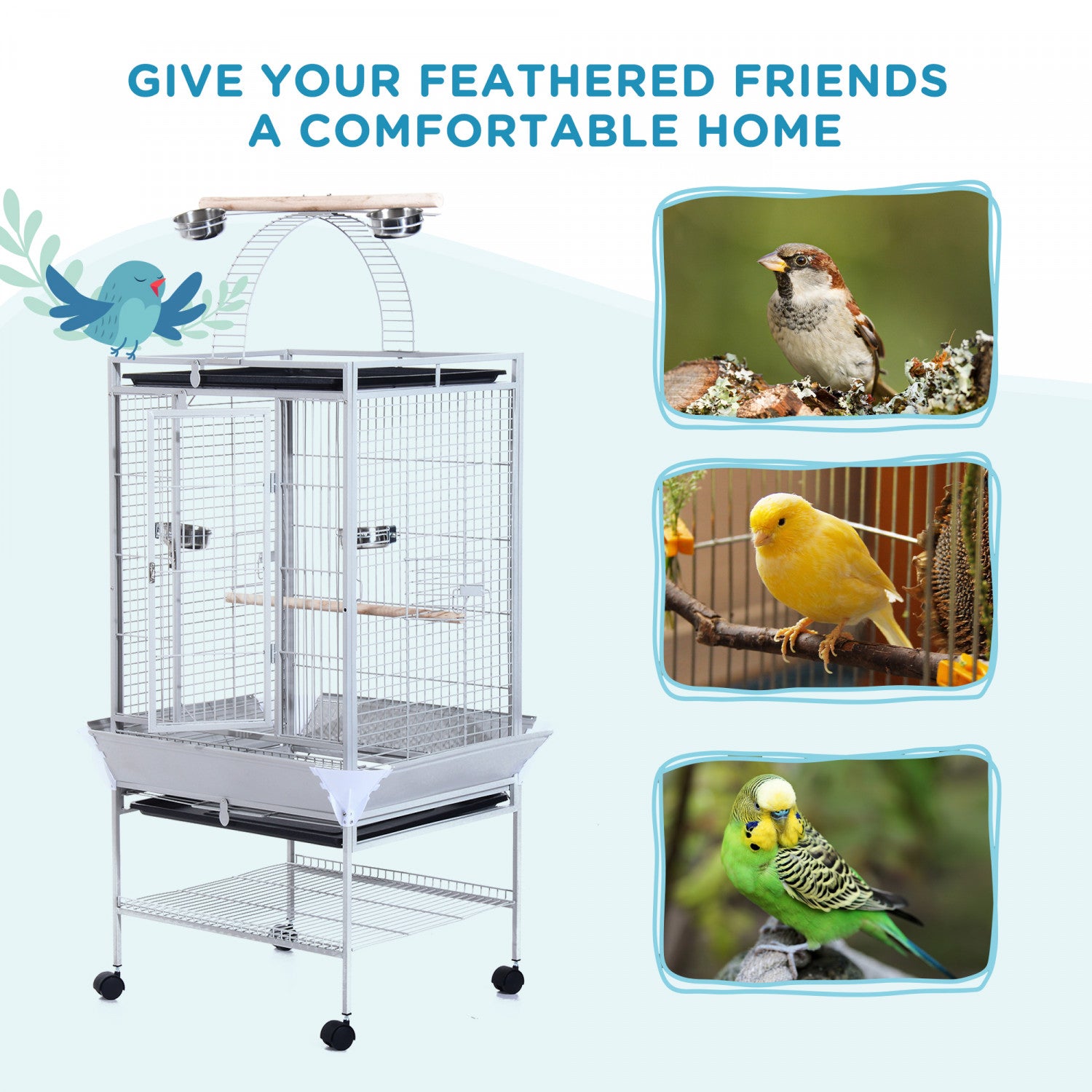 PawHut 29" Large Bird Cage - Flight Cage For Parrots, Budgies, Lovebirds With 5 Doors, Swing, & Wheels (Grey)