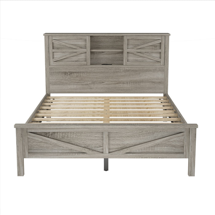 Madison Bedroom Set Farmhouse Platform Bed with Storage and Charging Station,Queen Size，Grey Queen Bed
