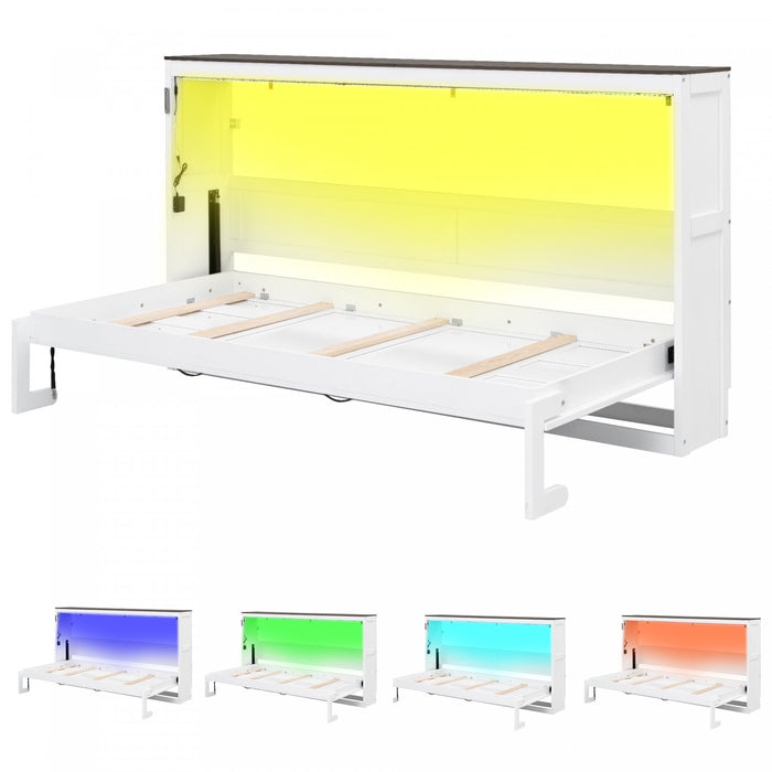 Olivia Solid Wood Murphy Bed with LED Light and Foldable Cabinet,Twin Size,White Twin Bed