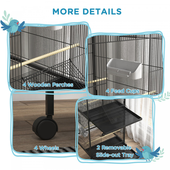 Pawhut Wrought Metal Bird Cage Feeder With Rolling Stand Perches Food Containers Doors Wheels 67\" H, Black
