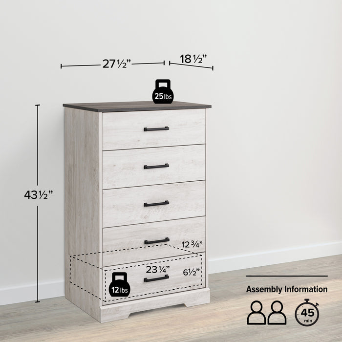 Prepac Rustic Ridge 27.5\" 5-Drawer Chest - Washed White