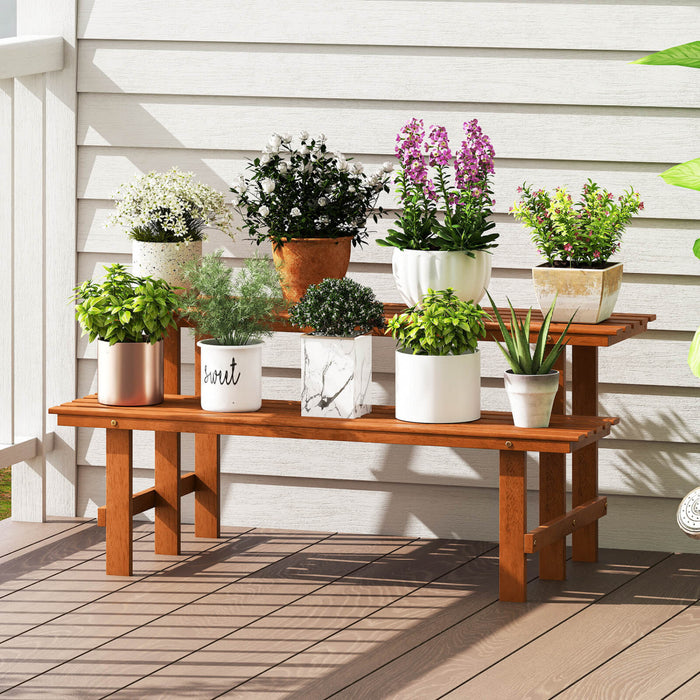 Costway 2 Tier Wood Plant Stand With Teak Oil Finish Indoor & Outdoor Flower Pot Holder