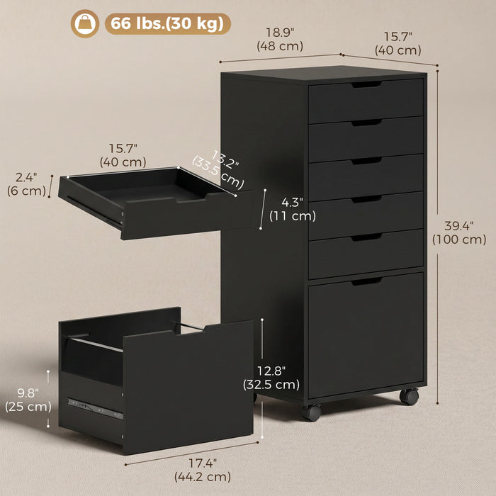 HOMCOM 6 Drawer Vertical File Cabinet with Lockable Wheels, Black