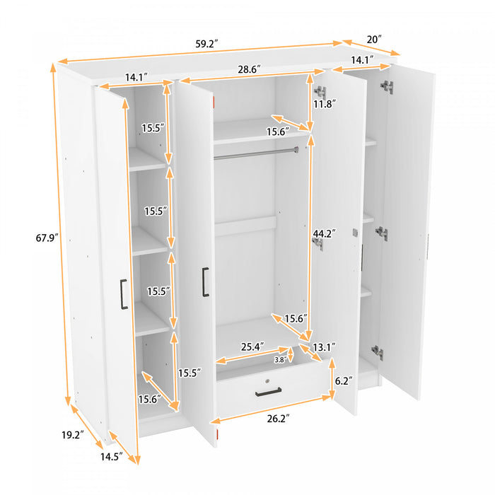 Christ 59.2\" 4-door Wooden Wardrobe With Drawer And Hanging Storage, White