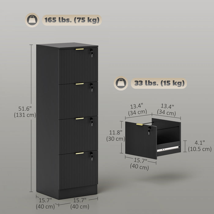 HOMCOM 4 Drawer File Cabinet Fluted Vertical Filing Cabinet with Lock Black
