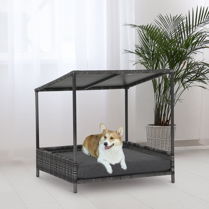 Pawhut Wicker Dog House Raised Rattan Dog Cat Bed For Indoor Outdoor Garden Patio Pet Sofa With Cushion Medium Sized Pet Grey